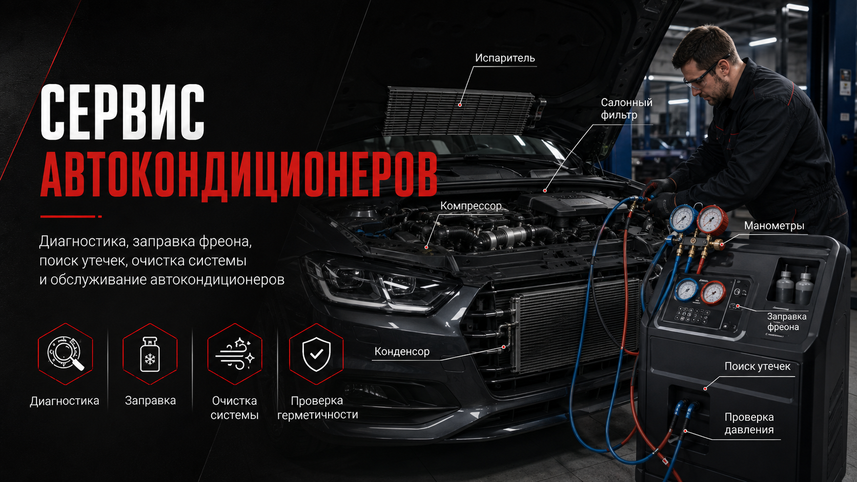 Диагностика автокондиционера на сервисной станции.